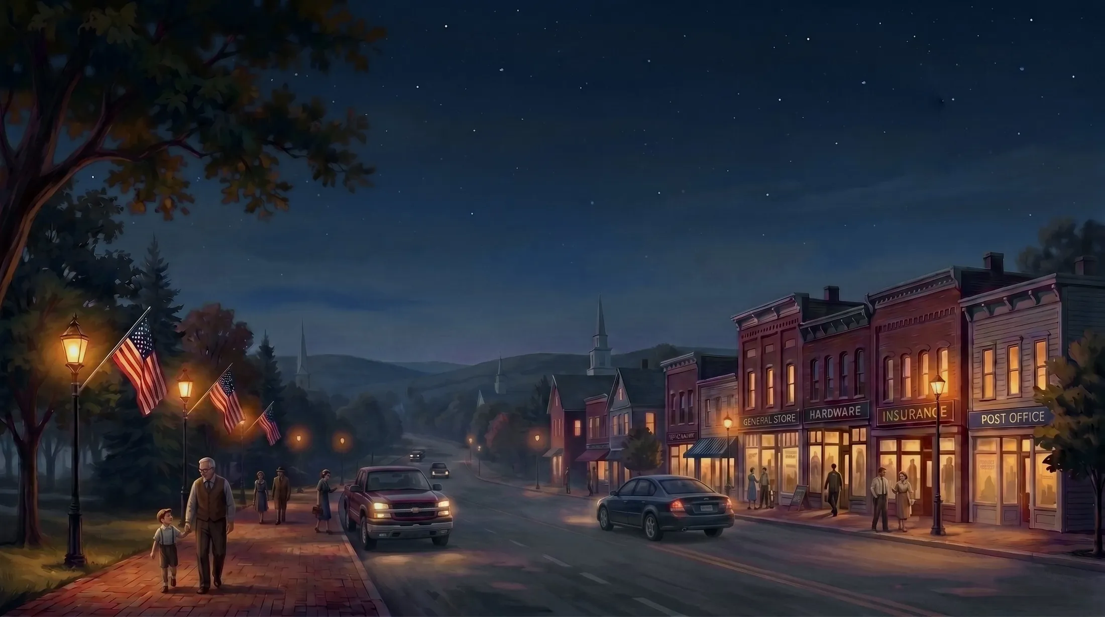 An agency window glowing at dusk with warm lamplight