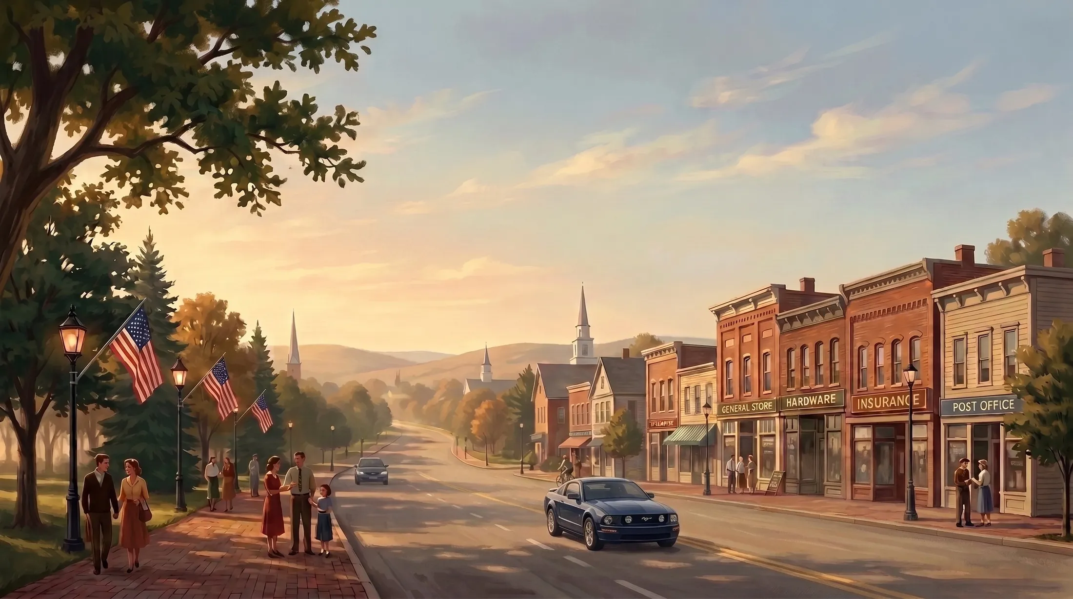 A painted main-street agency scene in golden-hour light