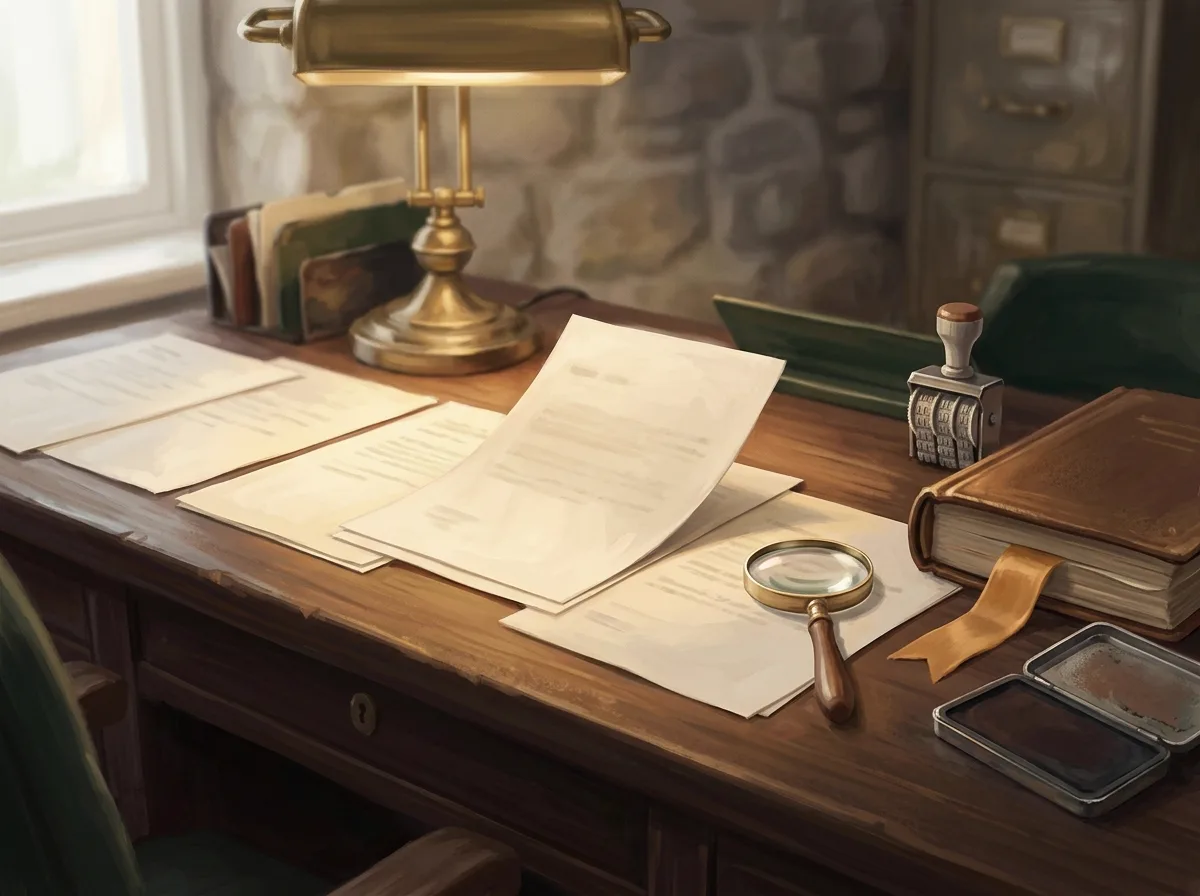 A document checked against policy records under a soft window light